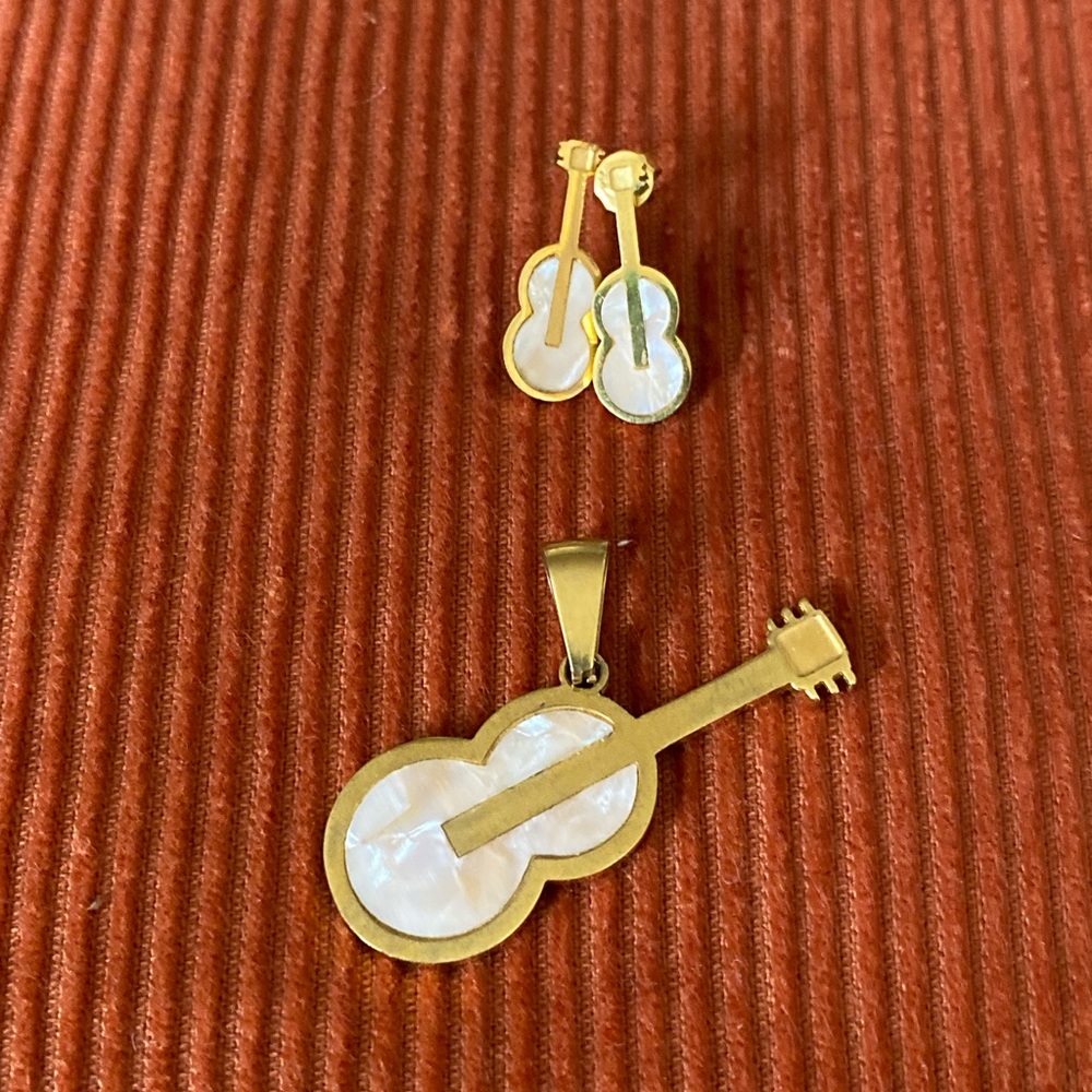 Mother Of Pearl/Gold Tone Guitar Shaped Jewelry Set Earrings + Pendant